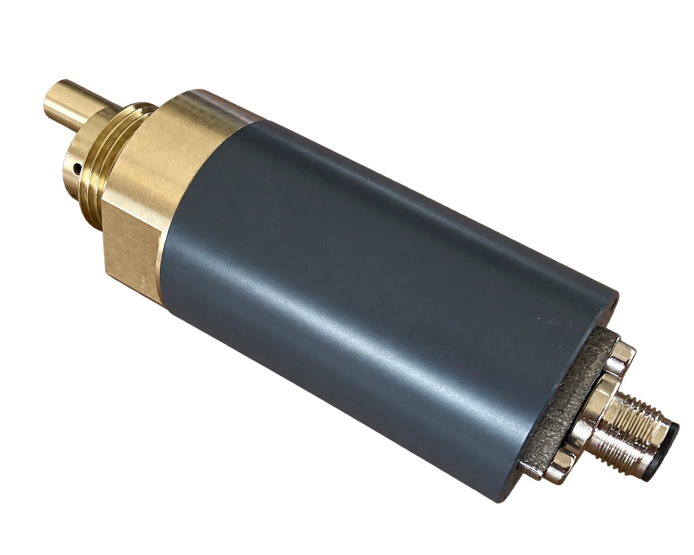 EMD Utility pressure sensor with black cylindrical housing, brass pressure fitting and offset water-temperature probe
